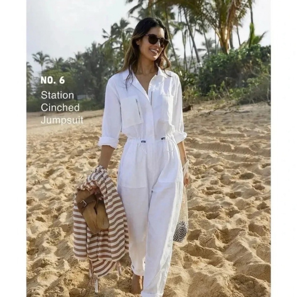 Outerknown Station Utility Jumpsuit Boiler Cinch Waist White Salt Linen Blend L